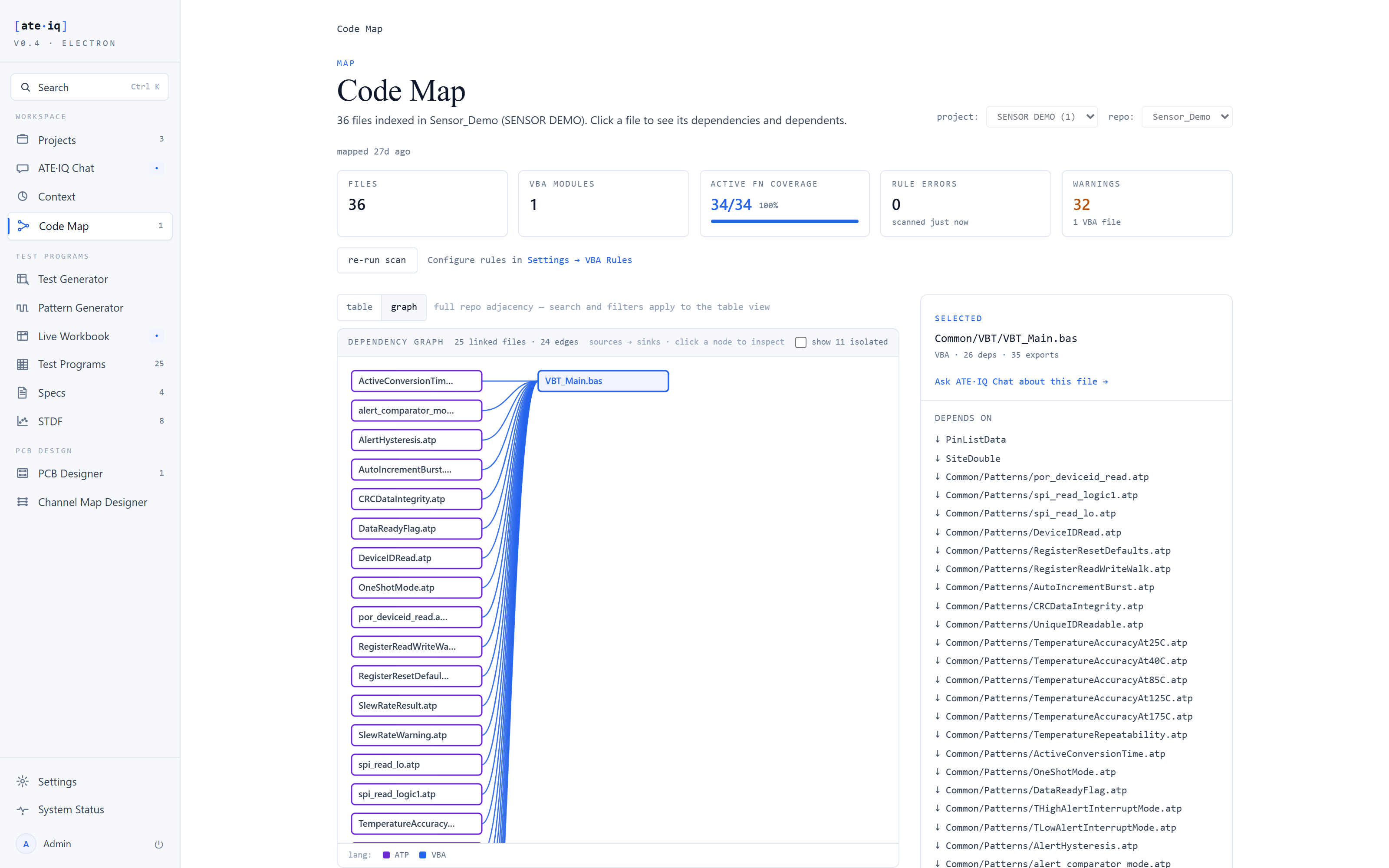 Dependency graph view: pattern files fanning into VBT_Main