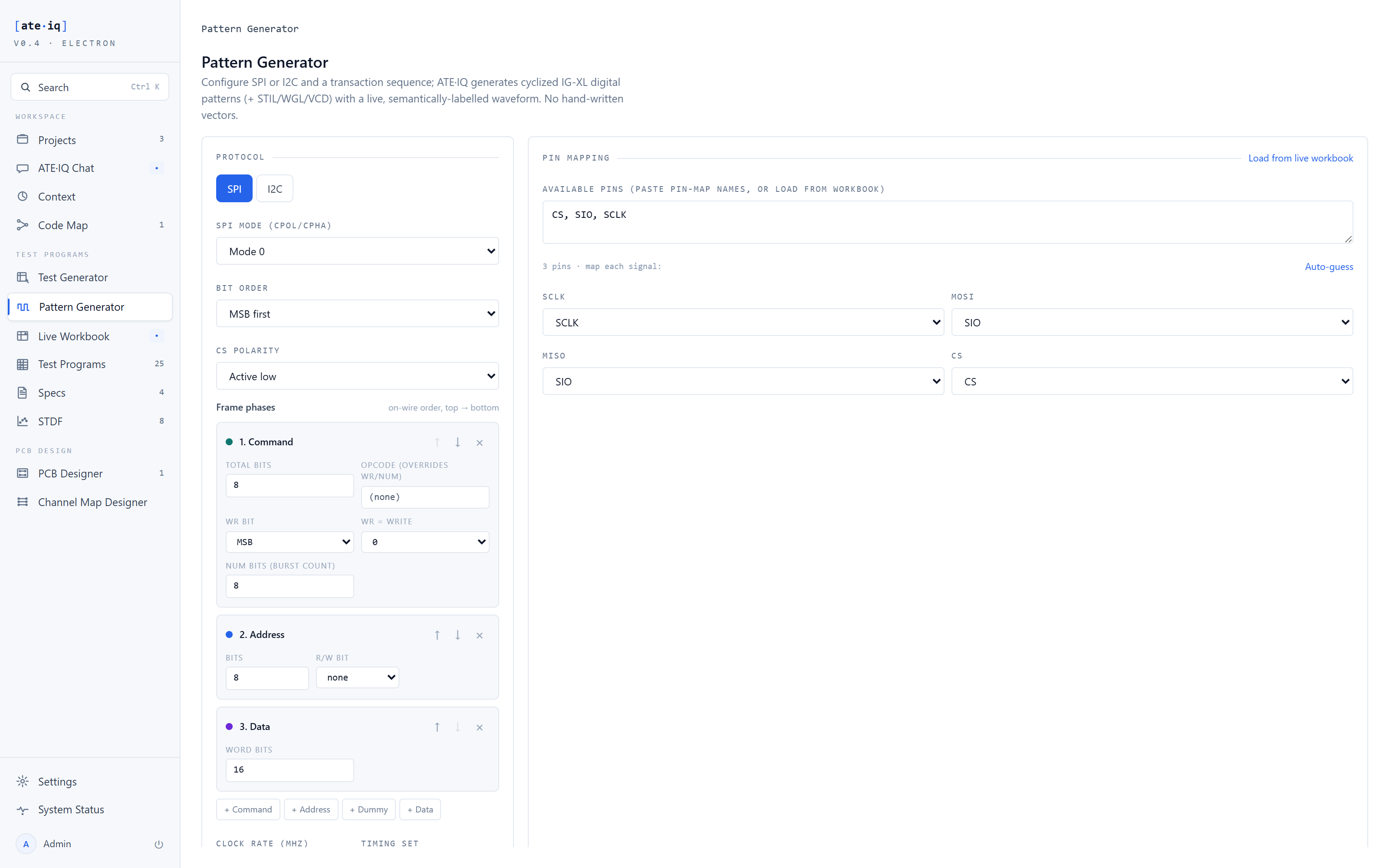 Pattern Generator workspace with protocol config and transaction table