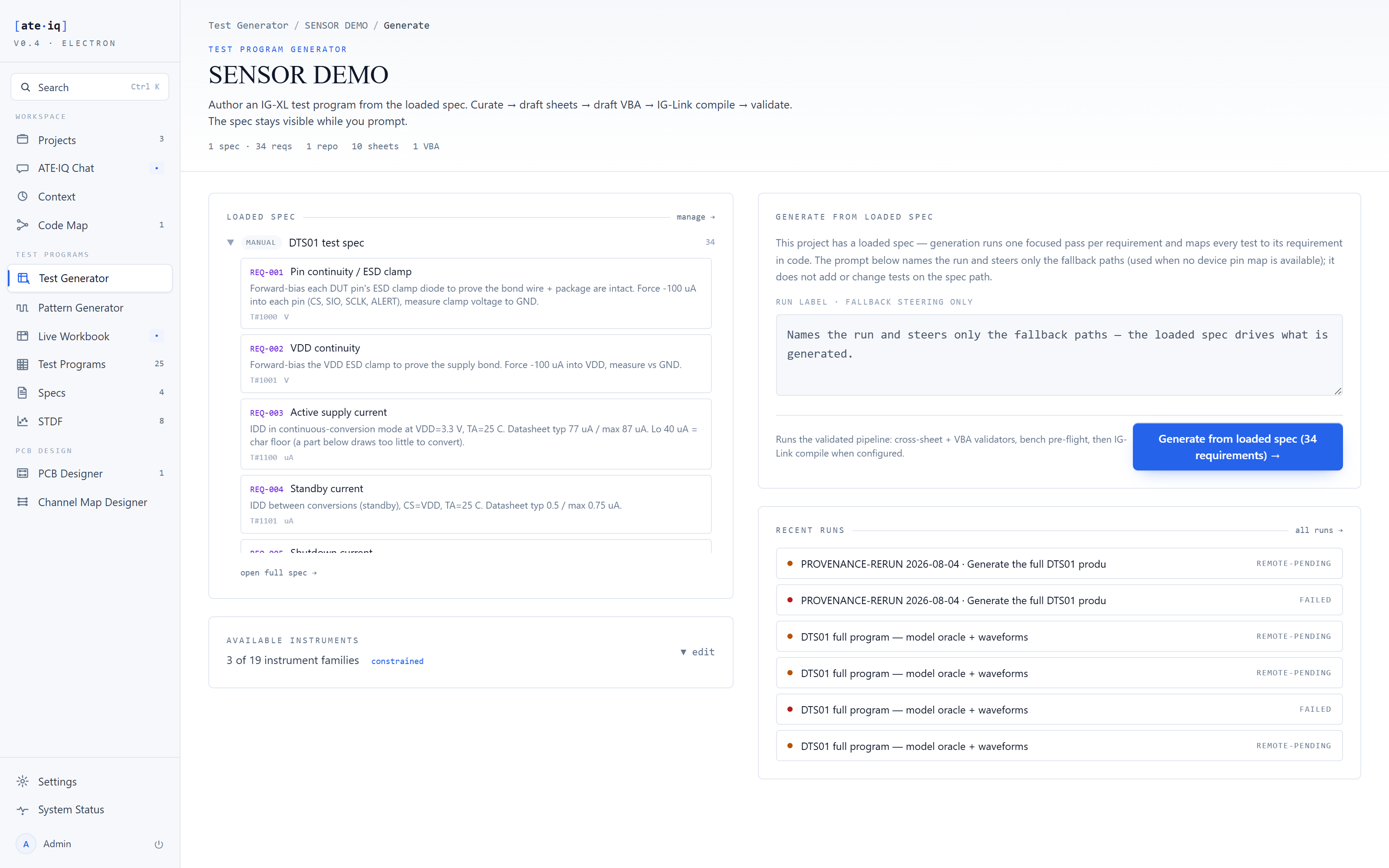 Test Generator page with the loaded 34-requirement spec and run history