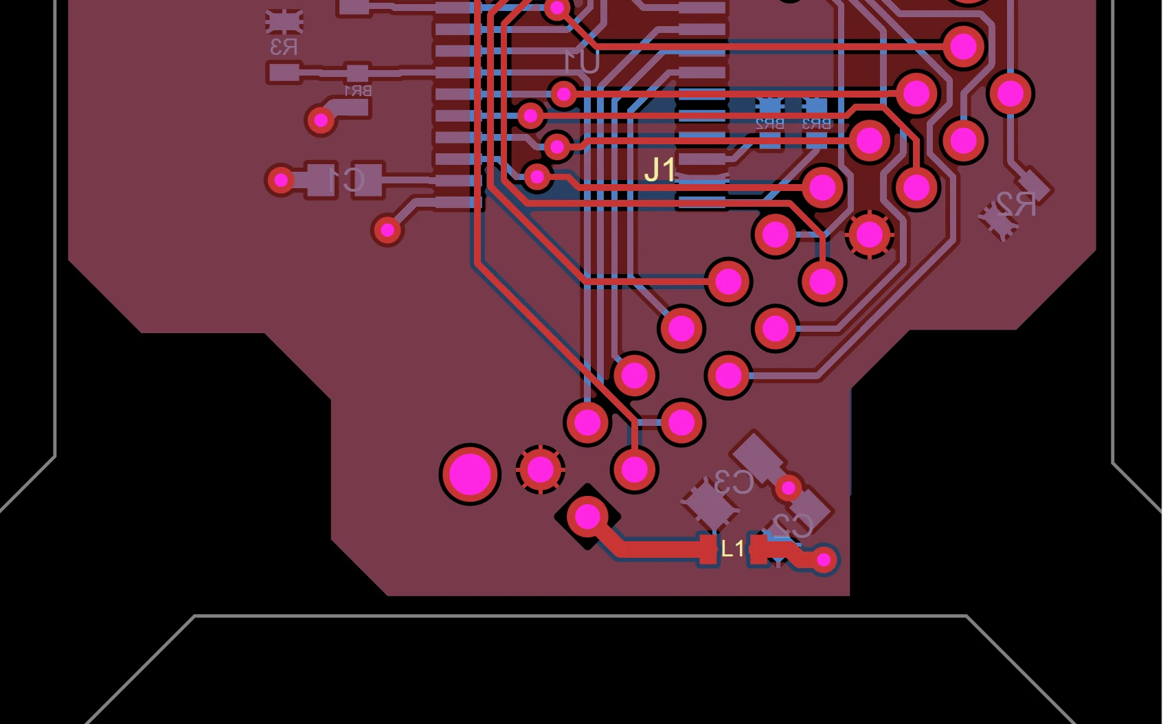 A real Allegro board, read from its Fabmaster export, in the layout tab at 3x zoom